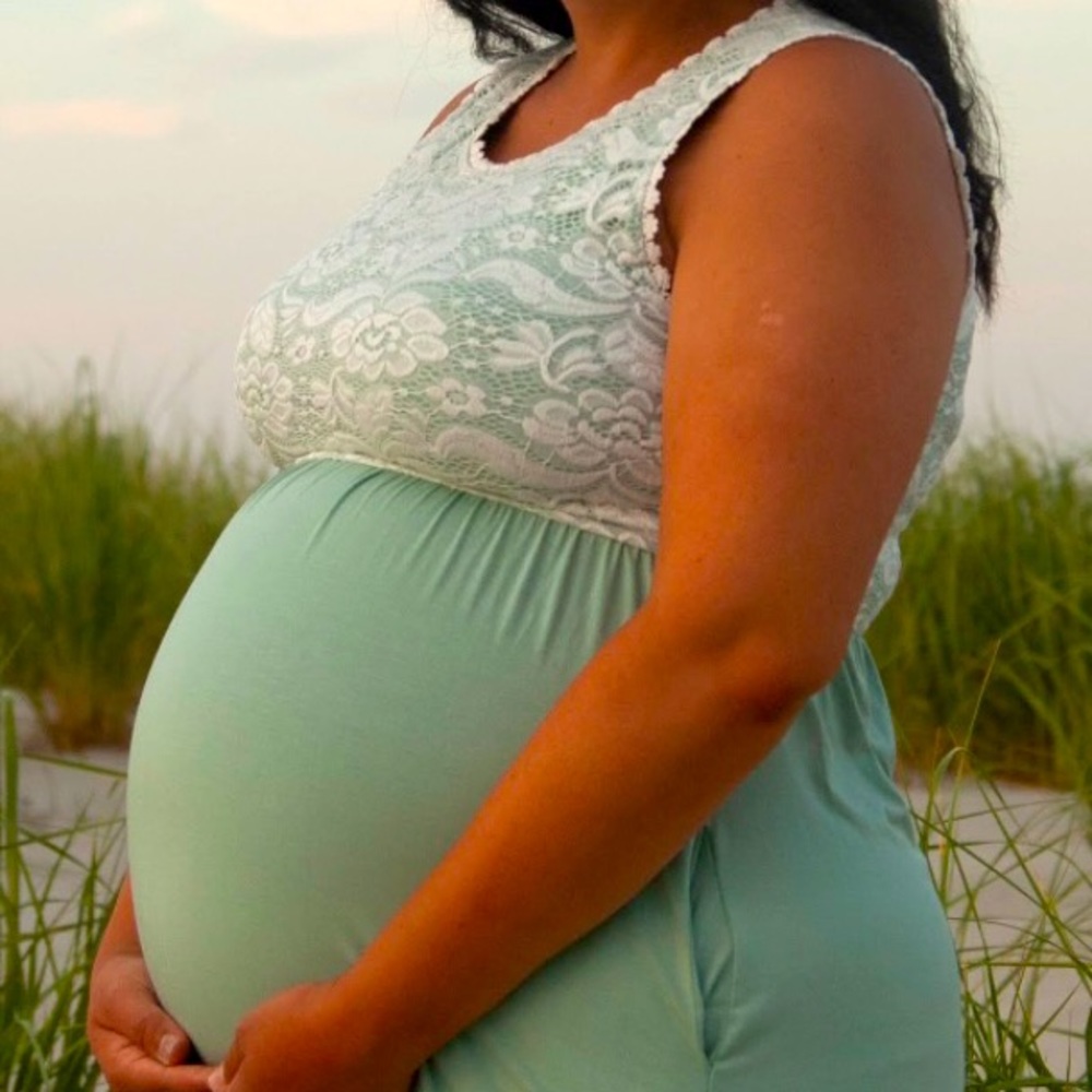 Sage green and off white lace maternity dress